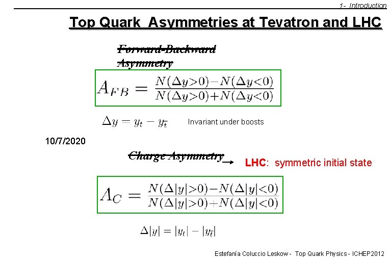 1 - Introduction Top Quark Asymmetries at Tevatron and LHC Forward-Backward Asymmetry Invariant under