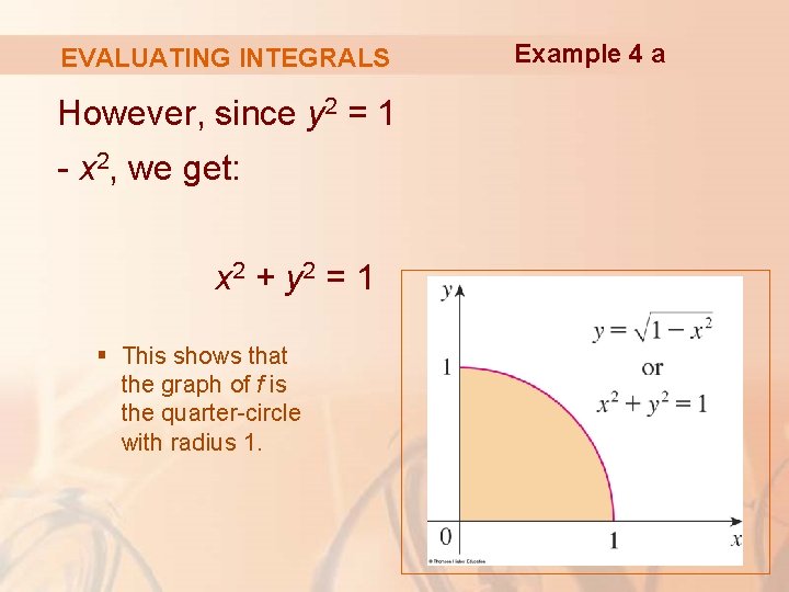 EVALUATING INTEGRALS However, since y 2 = 1 - x 2, we get: x