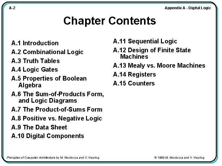 Appendix A - Digital Logic A-2 Chapter Contents A. 1 Introduction A. 2 Combinational