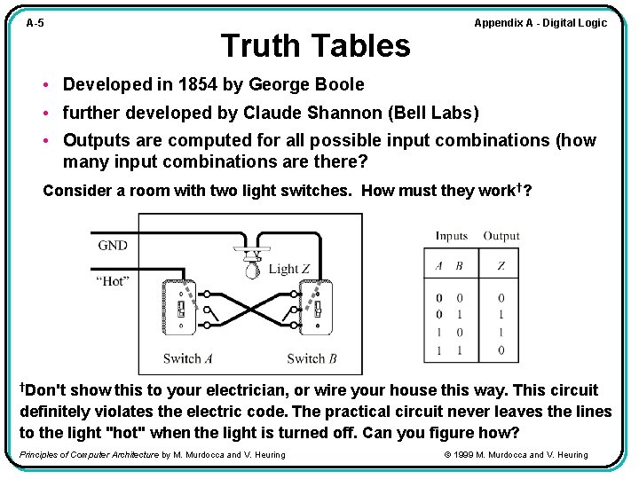 A-5 Truth Tables Appendix A - Digital Logic • Developed in 1854 by George