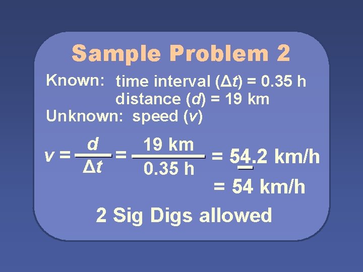 Sample Problem 2 Known: time interval (Δt) = 0. 35 h distance (d) =