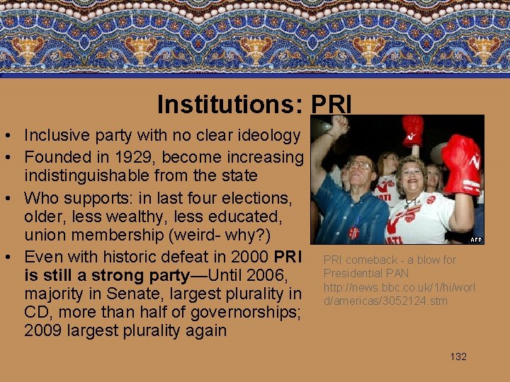 Institutions: PRI • Inclusive party with no clear ideology • Founded in 1929, become