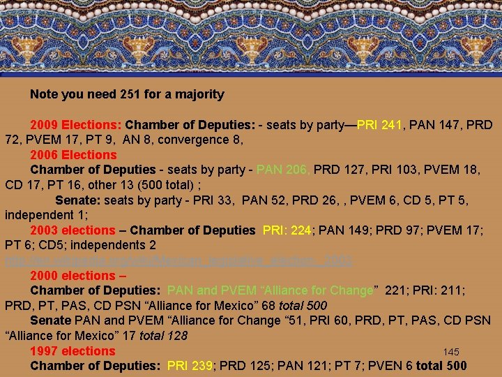 Note you need 251 for a majority 2009 Elections: Chamber of Deputies: - seats