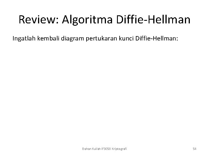 Review: Algoritma Diffie-Hellman Ingatlah kembali diagram pertukaran kunci Diffie-Hellman: Bahan Kuliah IF 3058 Kriptografi