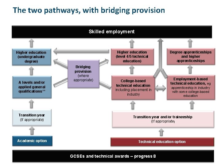 The two pathways, with bridging provision Skilled employment Higher education (undergraduate degree) Higher education