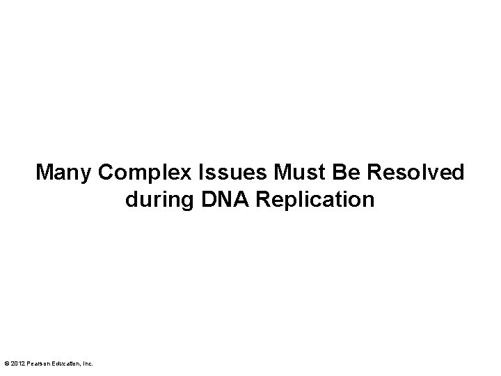 Many Complex Issues Must Be Resolved during DNA Replication © 2012 Pearson Education, Inc.