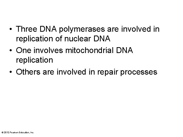  • Three DNA polymerases are involved in replication of nuclear DNA • One