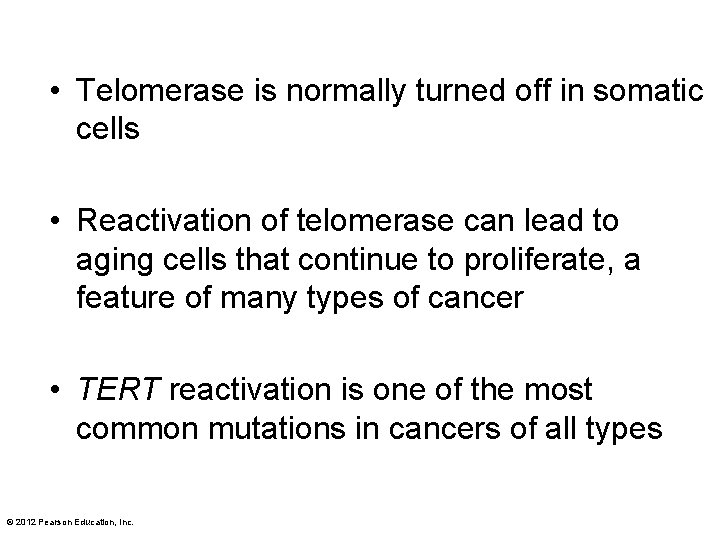  • Telomerase is normally turned off in somatic cells • Reactivation of telomerase