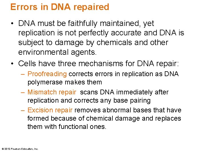 Errors in DNA repaired • DNA must be faithfully maintained, yet replication is not