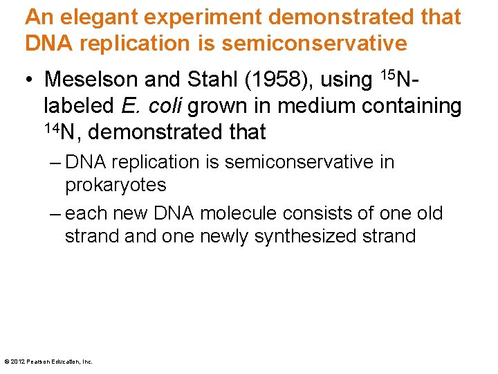 An elegant experiment demonstrated that DNA replication is semiconservative • Meselson and Stahl (1958),