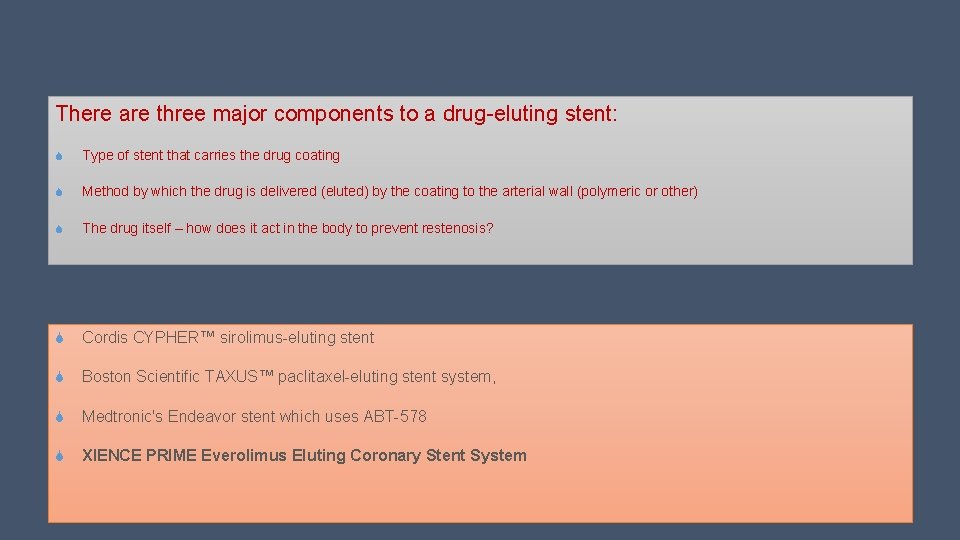 There are three major components to a drug-eluting stent: S Type of stent that