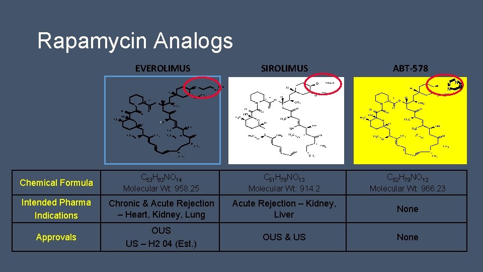 Rapamycin Analogs EVEROLIMUS SIROLIMUS O H H N O H 3 C O HO