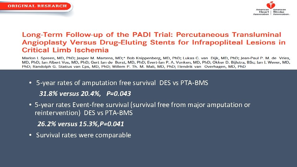  • 5 -year rates of amputation free survival DES vs PTA-BMS 31. 8%