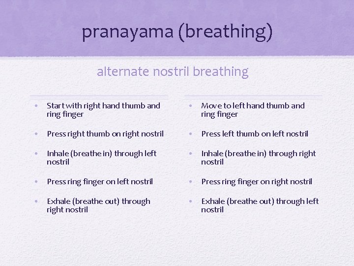 pranayama (breathing) alternate nostril breathing • Start with right hand thumb and ring finger