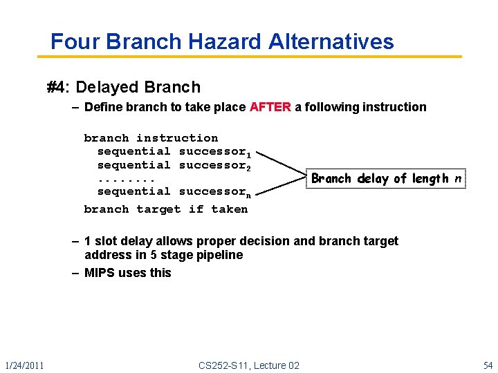 Four Branch Hazard Alternatives #4: Delayed Branch – Define branch to take place AFTER