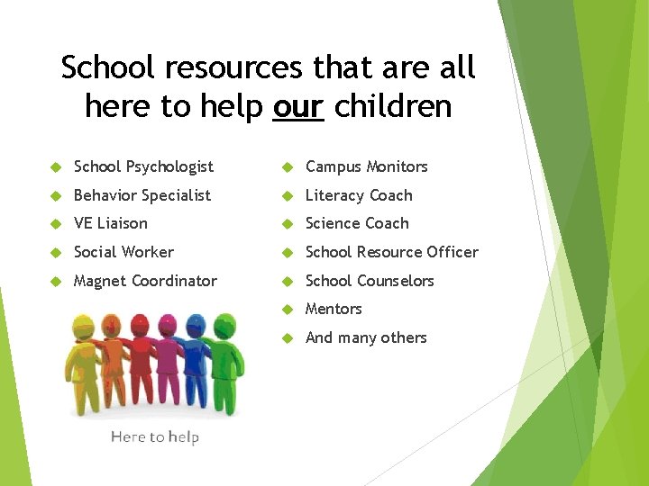 School resources that are all here to help our children School Psychologist Campus Monitors