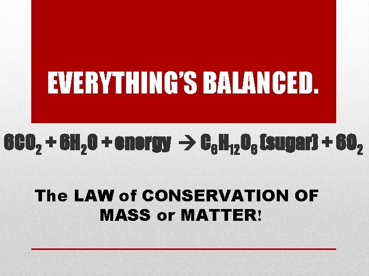 EVERYTHING’S BALANCED. 6 CO 2 + 6 H 2 O + energy C 6