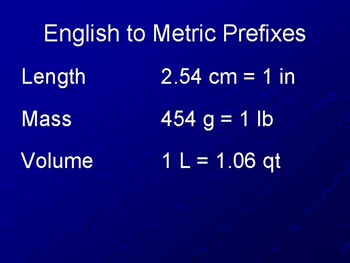 English to Metric Prefixes Length 2. 54 cm = 1 in Mass 454 g