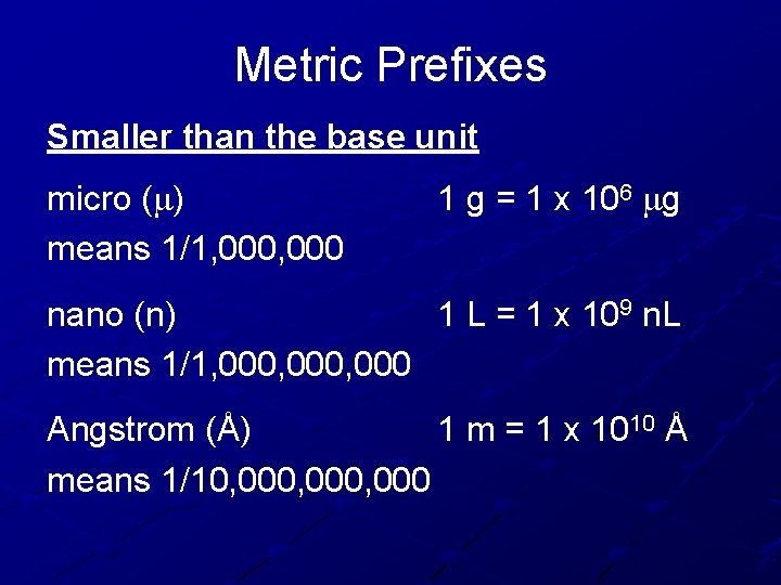 Metric Prefixes Smaller than the base unit micro ( ) means 1/1, 000 1