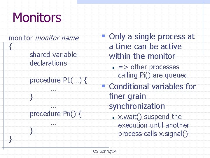 Monitors monitor-name { shared variable declarations } procedure P 1(…) { … } …