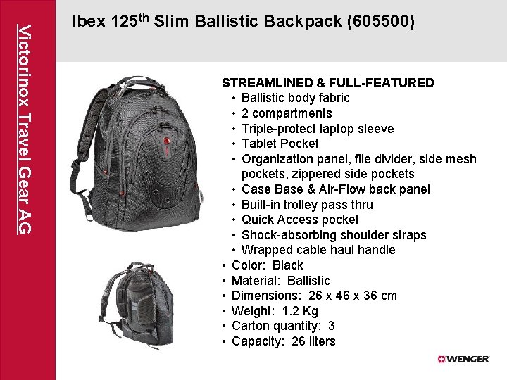 Victorinox Travel Gear AG Ibex 125 th Slim Ballistic Backpack (605500) STREAMLINED & FULL-FEATURED