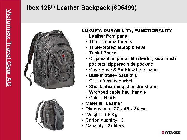 Victorinox Travel Gear AG Ibex 125 th Leather Backpack (605499) LUXURY, DURABILITY, FUNCTIONALITY •