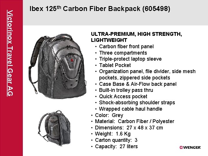 Victorinox Travel Gear AG Ibex 125 th Carbon Fiber Backpack (605498) ULTRA-PREMIUM, HIGH STRENGTH,