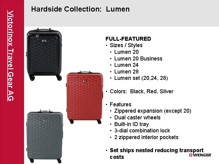 Victorinox Travel Gear AG Hardside Collection: Lumen FULL-FEATURED • Sizes / Styles • Lumen