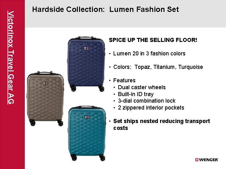 Victorinox Travel Gear AG Hardside Collection: Lumen Fashion Set SPICE UP THE SELLING FLOOR!