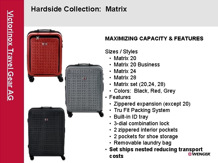 Victorinox Travel Gear AG Hardside Collection: Matrix MAXIMIZING CAPACITY & FEATURES Sizes / Styles