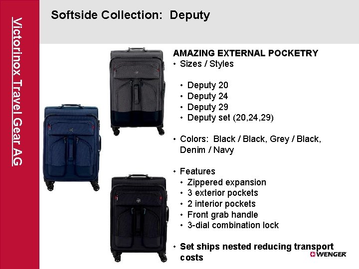 Victorinox Travel Gear AG Softside Collection: Deputy AMAZING EXTERNAL POCKETRY • Sizes / Styles