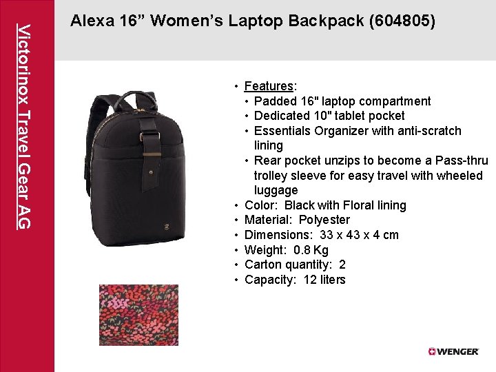 Victorinox Travel Gear AG Alexa 16” Women’s Laptop Backpack (604805) • Features: • Padded
