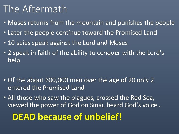 The Aftermath • Moses returns from the mountain and punishes the people • Later