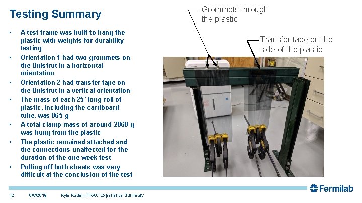 Testing Summary • • 12 A test frame was built to hang the plastic Testing Summary • • 12 A test frame was built to hang the plastic