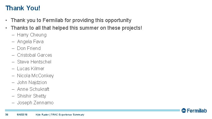 Thank You! • Thank you to Fermilab for providing this opportunity • Thanks to Thank You! • Thank you to Fermilab for providing this opportunity • Thanks to