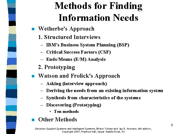 Methods for Finding Information Needs n Wetherbe's Approach 1. Structured Interviews – IBM's Business