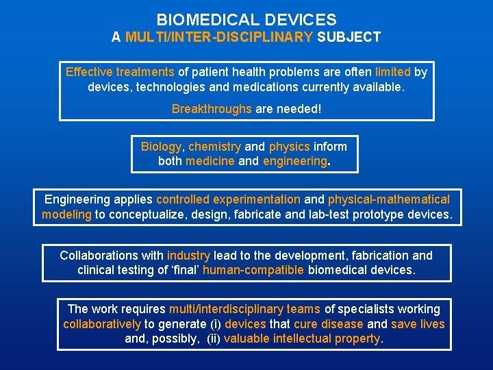 BIOMEDICAL DEVICES A MULTI/INTER-DISCIPLINARY SUBJECT Effective treatments of patient health problems are often limited