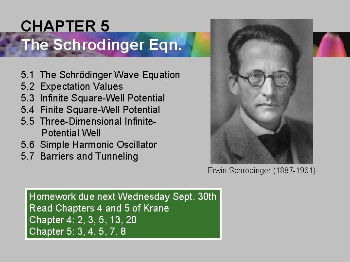 CHAPTER 5 The Schrodinger Eqn. 5. 1 5. 2 5. 3 5. 4 5.