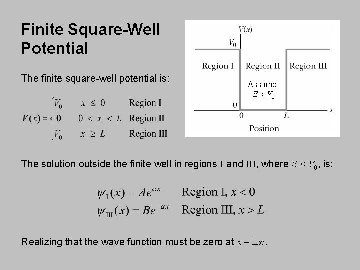 Finite Square-Well Potential The finite square-well potential is: Assume: E < V 0 The
