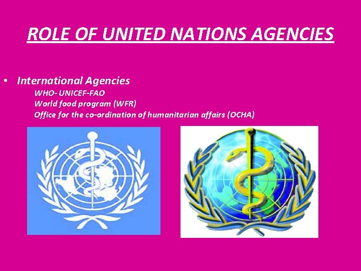 ROLE OF UNITED NATIONS AGENCIES • International Agencies WHO- UNICEF-FAO World food program (WFR)