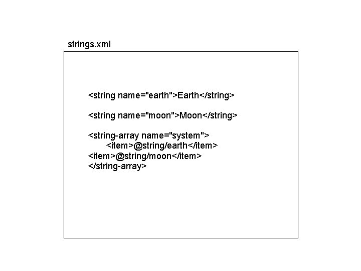 strings. xml <string name="earth">Earth</string> <string name="moon">Moon</string> <string-array name="system"> <item>@string/earth</item> <item>@string/moon</item> </string-array> strings. xml <string name="earth">Earth</string> <string name="moon">Moon</string> <string-array name="system"> <item>@string/earth</item> <item>@string/moon</item> </string-array>