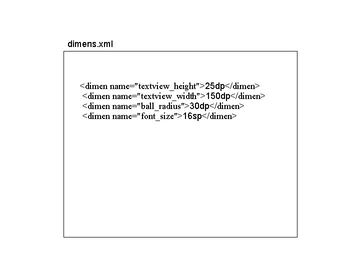 dimens. xml <dimen name="textview_height">25 dp</dimen> <dimen name="textview_width">150 dp</dimen> <dimen name="ball_radius">30 dp</dimen> <dimen name="font_size">16 sp</dimen> dimens. xml <dimen name="textview_height">25 dp</dimen> <dimen name="textview_width">150 dp</dimen> <dimen name="ball_radius">30 dp</dimen> <dimen name="font_size">16 sp</dimen>