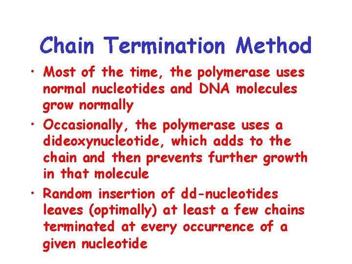 Chain Termination Method • Most of the time, the polymerase uses normal nucleotides and