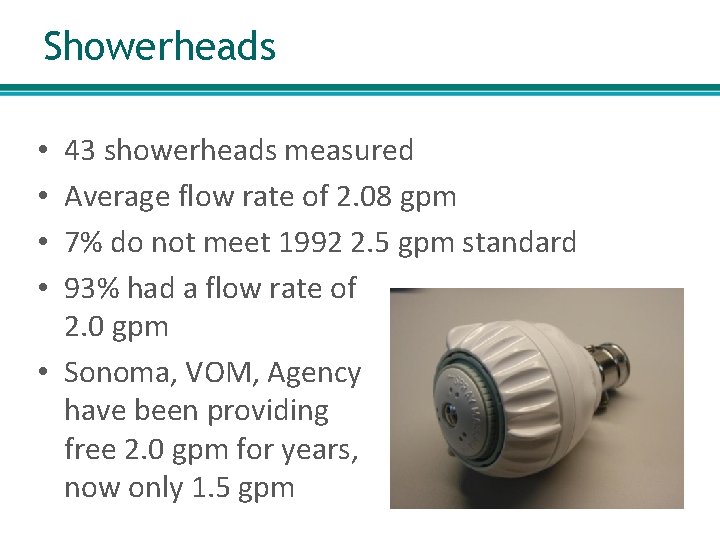 Showerheads 43 showerheads measured Average flow rate of 2. 08 gpm 7% do not