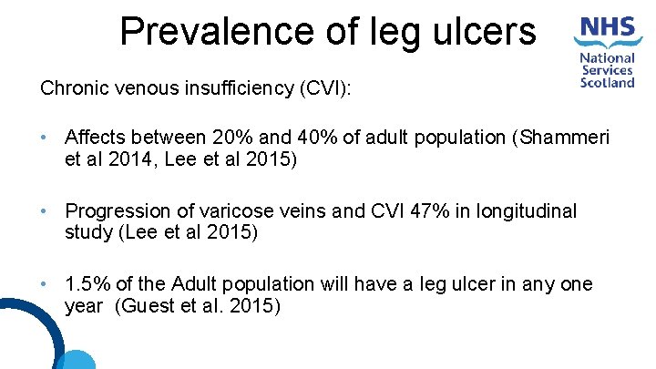 Prevalence of leg ulcers Chronic venous insufficiency (CVI): • Affects between 20% and 40%