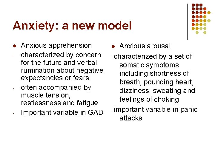 Anxiety: a new model l - - - Anxious apprehension characterized by concern for