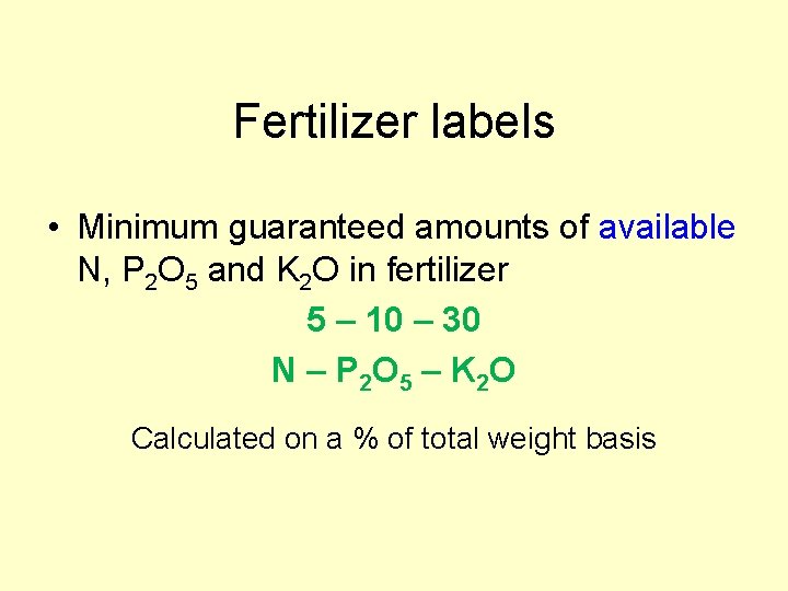 Fertilizer labels • Minimum guaranteed amounts of available N, P 2 O 5 and