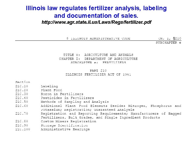 Illinois law regulates fertilizer analysis, labeling and documentation of sales. http: //www. agr. state.