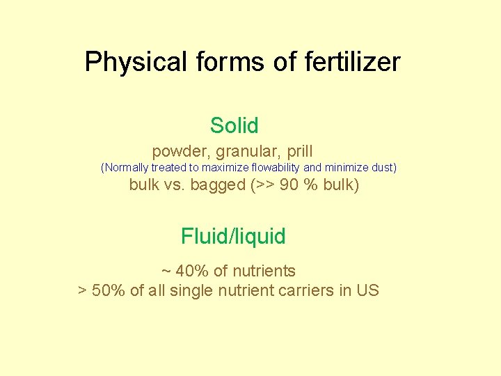 Physical forms of fertilizer Solid powder, granular, prill (Normally treated to maximize flowability and