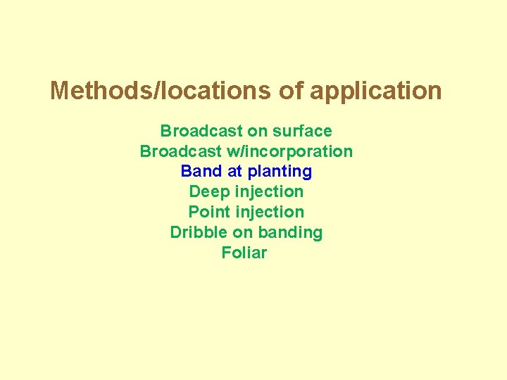 Methods/locations of application Broadcast on surface Broadcast w/incorporation Band at planting Deep injection Point